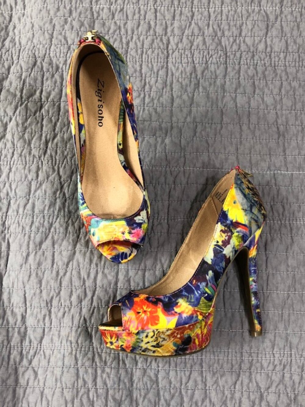 Zigi Soho Heels Women 8 Floral Satin Zipper Back 6 inch Platform Stiletto Peep